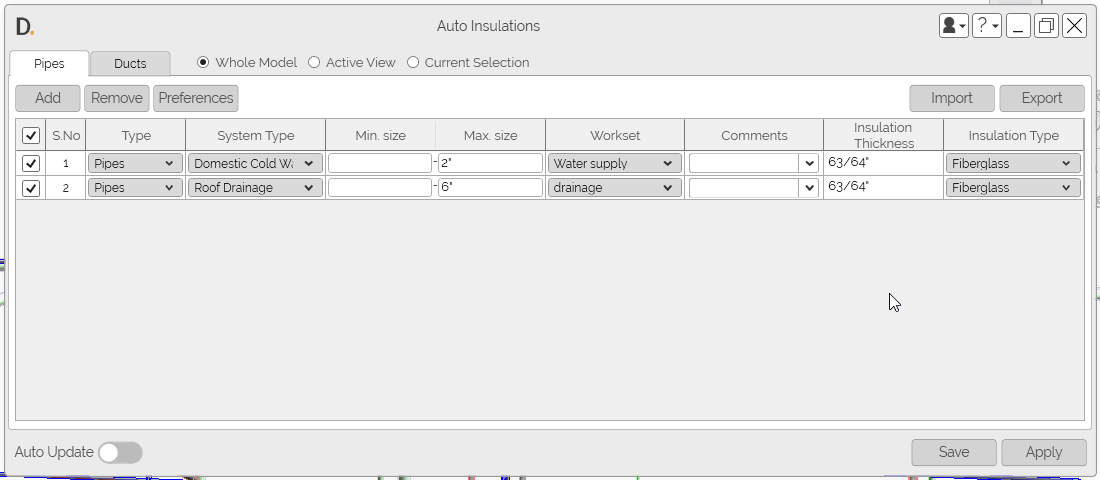 DiRootsMEP Add Insulation Tool - Import